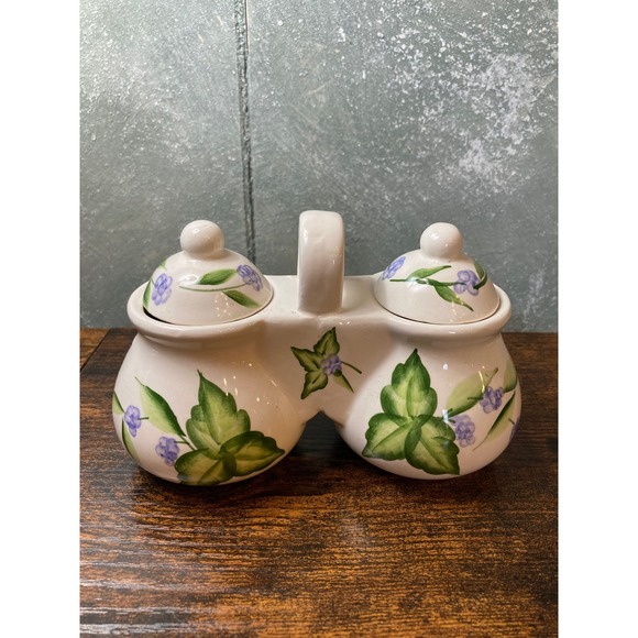 Designpac Inc Other - Designpac Inc Ceramic Double Jam Condiment Pot Hand Painted Floral Purple Green